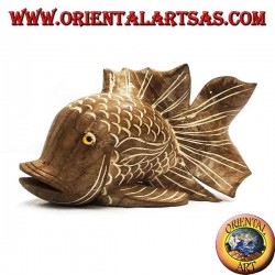 Hand-painted corrugated fish sculpture in teak wood (natural, medium)