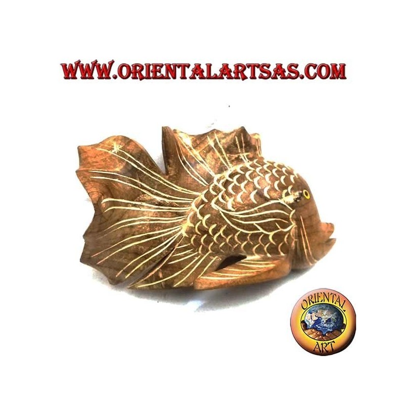 Hand-painted corrugated fish sculpture in teak wood (natural, medium)