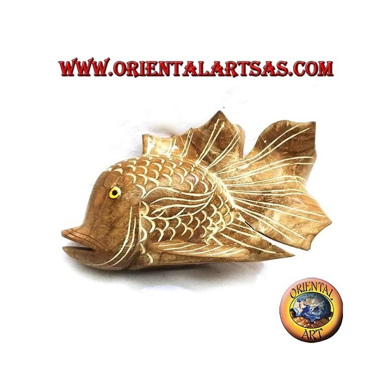 Hand-painted corrugated fish sculpture in teak wood (natural, medium)