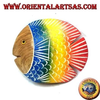Scultura del pesce piatto dipinta a mano in legno di teak (blu, piccolo)