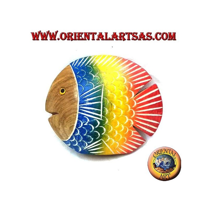 Handgemalte flache Fischskulptur aus Teakholz (blau, klein)