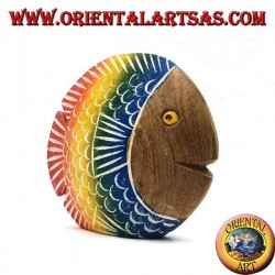 Hand painted flat fish sculpture in teak wood (blue, small)
