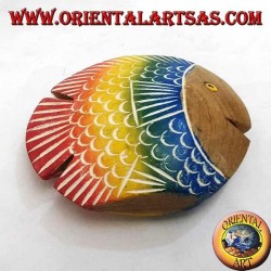 Handgemalte flache Fischskulptur aus Teakholz (blau, klein)