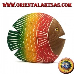 Hand painted flat fish sculpture in teak wood (red, small)