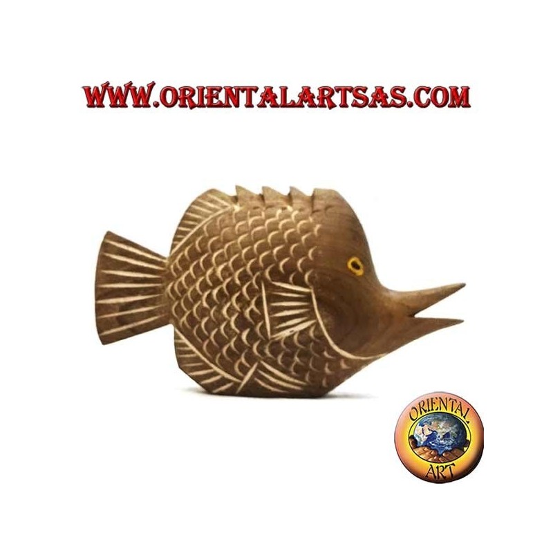 Scultura del pesce trombetta dipinta a mano in legno di teak (naturale, piccolo)