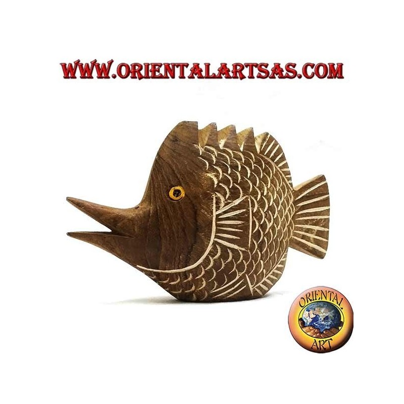 Hand painted trumpet fish sculpture in teak wood (natural, small)