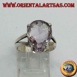 Smooth silver ring with natural drop-shaped amethyst