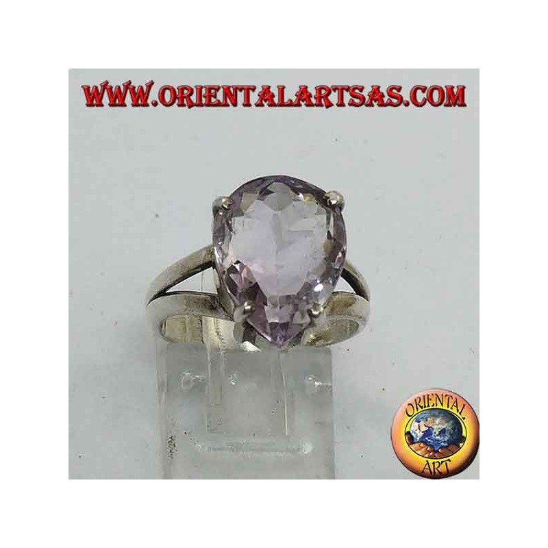 Bague en argent lisse avec améthyste naturelle en forme de goutte