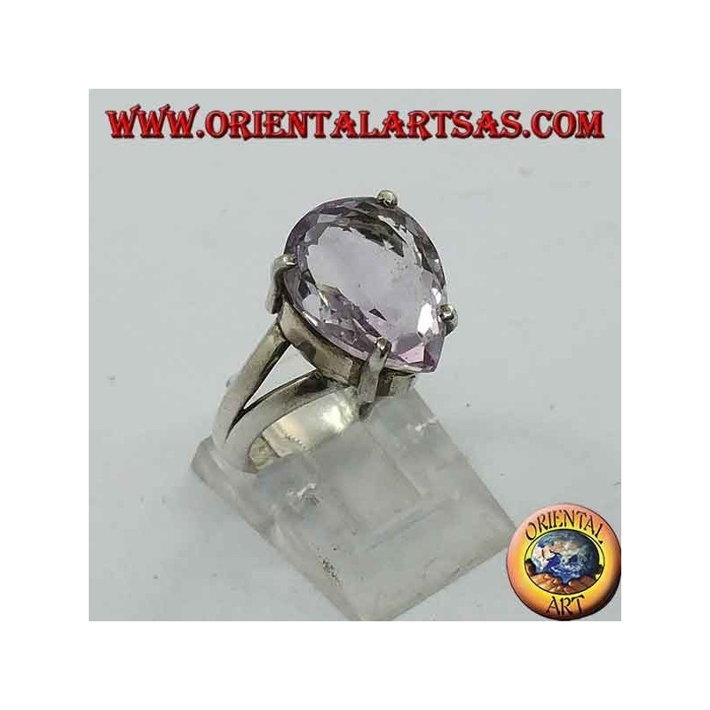 Bague en argent lisse avec améthyste naturelle en forme de goutte