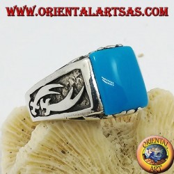Anello in argento con turchese rettangolare e scimitarre Zulfiqar ad alto rilievo sui lati