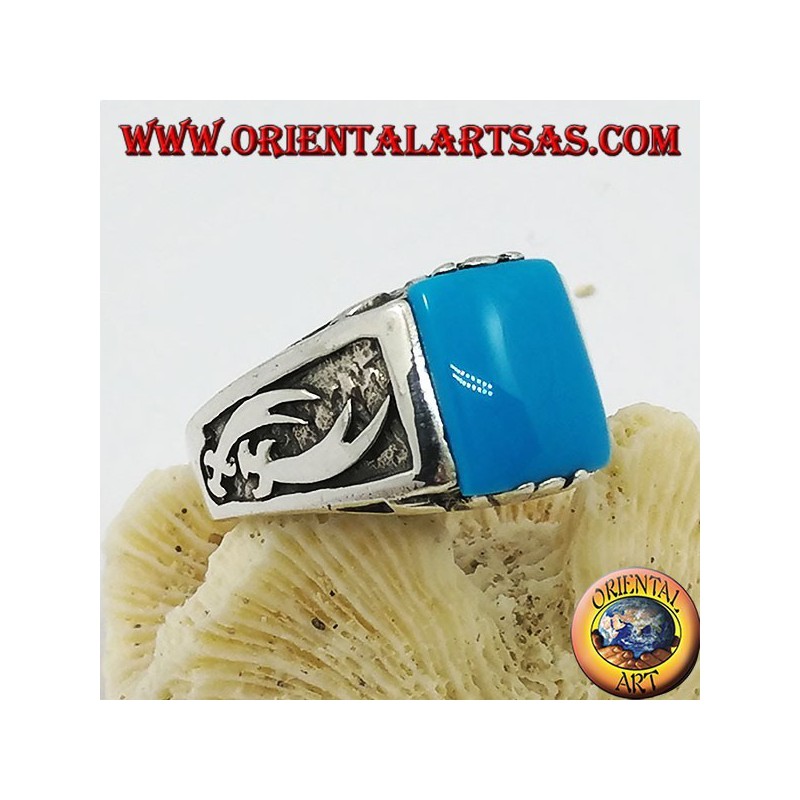 Silver ring with rectangular turquoise and high relief Zulfiqar scimitars on the sides