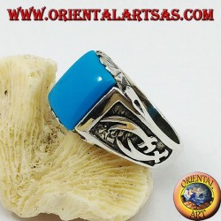 Silver ring with rectangular turquoise and high relief Zulfiqar scimitars on the sides