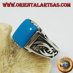 Silver ring with rectangular turquoise and high relief Zulfiqar scimitars on the sides