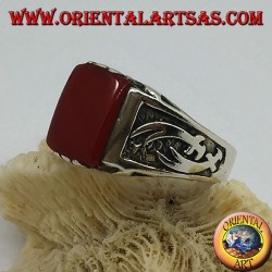 Silver ring with rectangular carnelian and high relief Zulfiqar scimitars on the sides