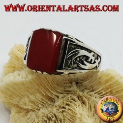 Silver ring with rectangular carnelian and high relief Zulfiqar scimitars on the sides