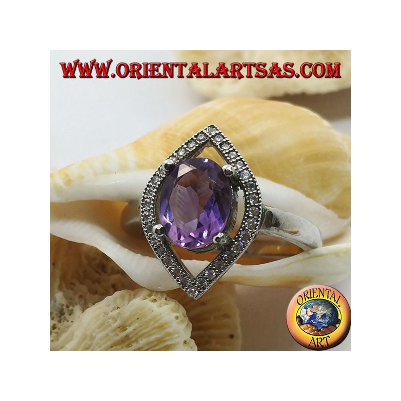 Shuttle silver ring with oval natural amethyst set surrounded by zircons