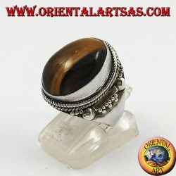 Silberring mit ovalem Cabochon-Tigerauge und indischen Verzierungen