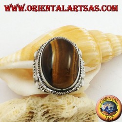 Silberring mit ovalem Cabochon-Tigerauge und indischen Verzierungen