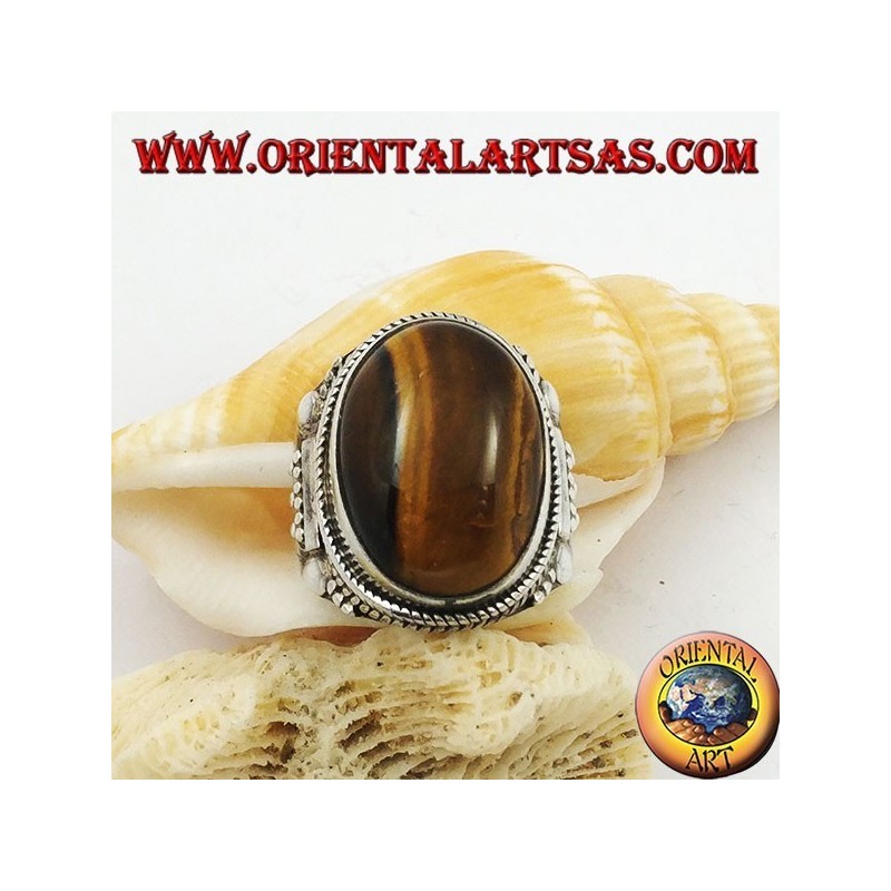 Silberring mit ovalem Cabochon-Tigerauge und indischen Verzierungen