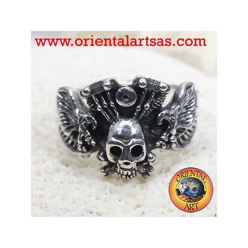 Schädel Ring mit Adler Motor Harley Davidson