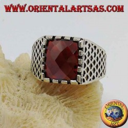 Silver ring with faceted rectangular garnet and openwork mesh on the sides