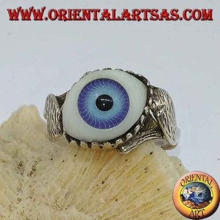 Bague en argent avec œil bleu en diagonale entre deux feuilles