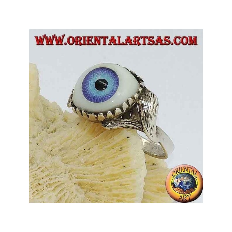 Bague en argent avec œil bleu en diagonale entre deux feuilles
