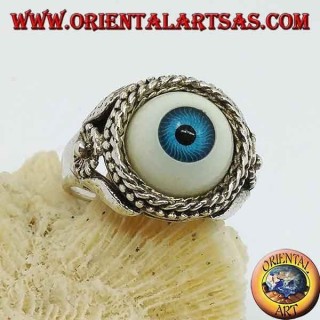 Silberring mit großem blauen Auge und Blume an den Seiten