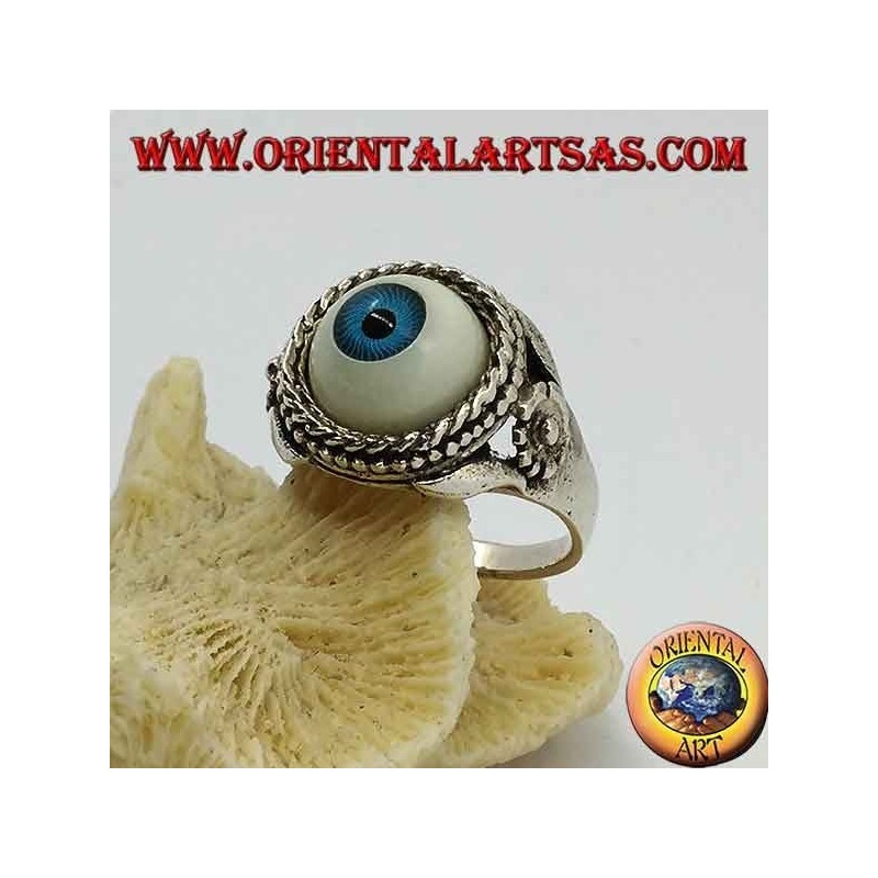 Anello in argento con occhio azzurro grande e fiore sui lati