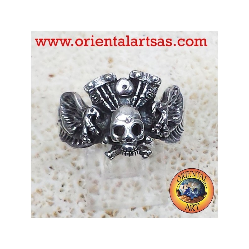 Schädel Ring mit Adler Motor Harley Davidson