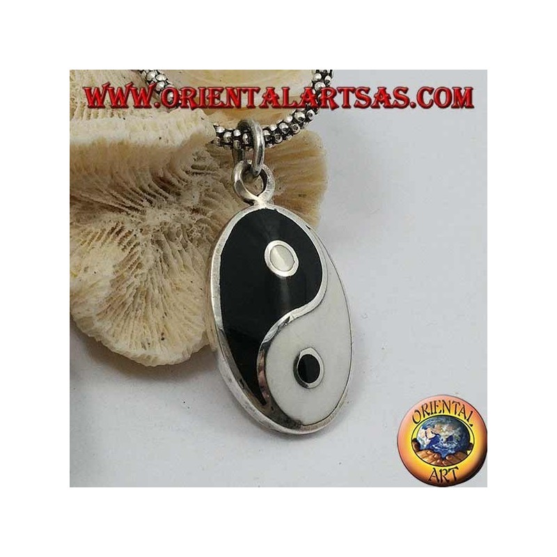 Pendentif en argent ovale lisse, yin yang tao avec nacre