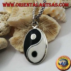 Smooth oval silver pendant, yin yang tao with mother of pearl