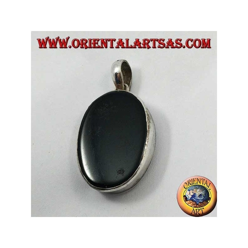 Ciondolo in argento ovale liscio con ॐ om con onice sul fondo (grande)