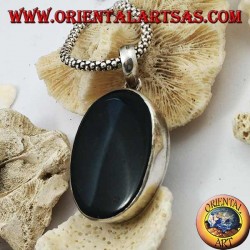 Smooth oval silver pendant with ॐ om with onyx on the bottom (large)