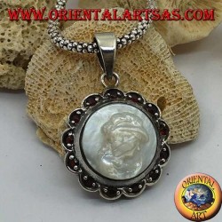 Silver cameo pendant on mother of pearl surrounded by silver and garnet flower