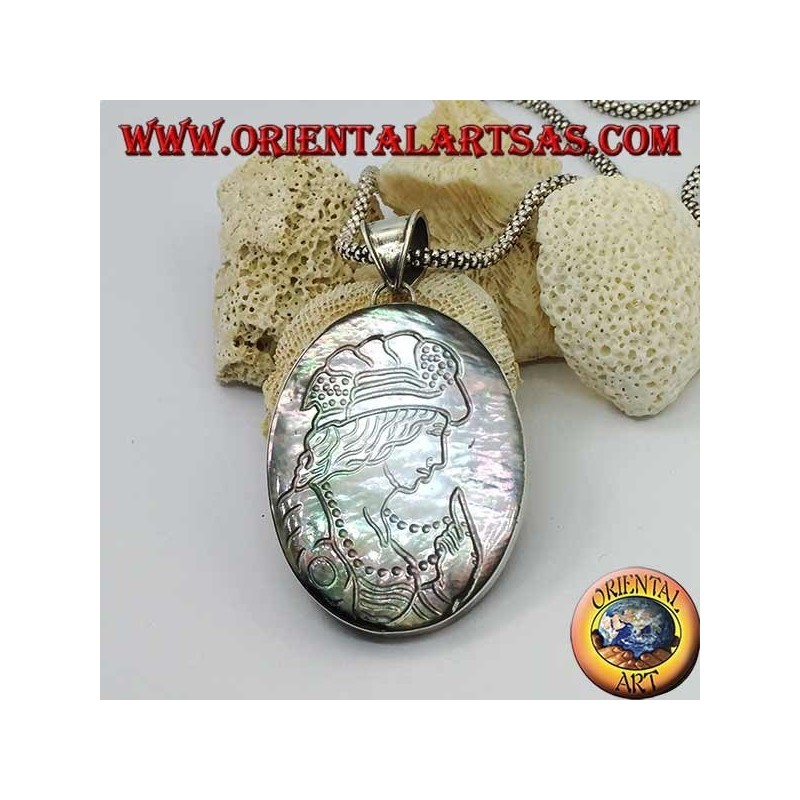 Silber Cameo Anhänger auf großen ovalen Perlmutt (Abalone)