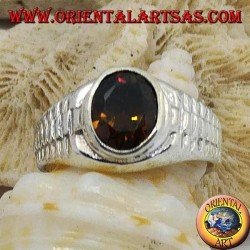 Silver ring with oval smoky topaz and clock link decoration
