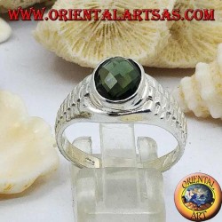 Silver ring with oval green zircon and clock link decoration
