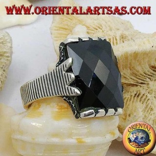 Silberring mit facettiertem rechteckigem Onyx und Cliprahmen