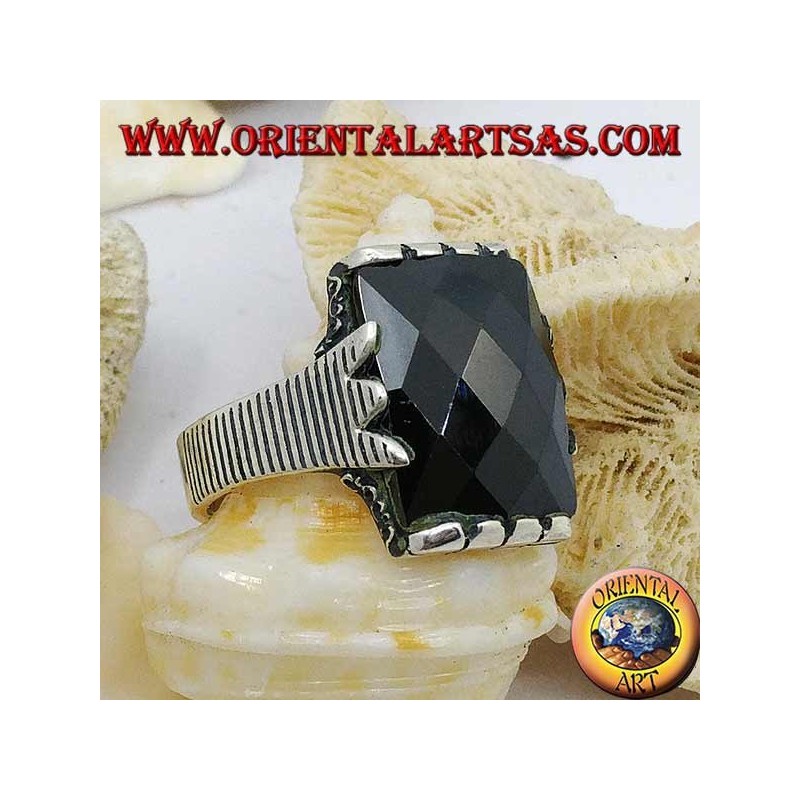 Silberring mit facettiertem rechteckigem Onyx und Cliprahmen