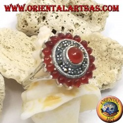 Daisy silver ring with round carnelian surrounded by marcasite and carnelian