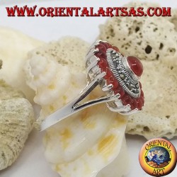 Daisy silver ring with round carnelian surrounded by marcasite and carnelian