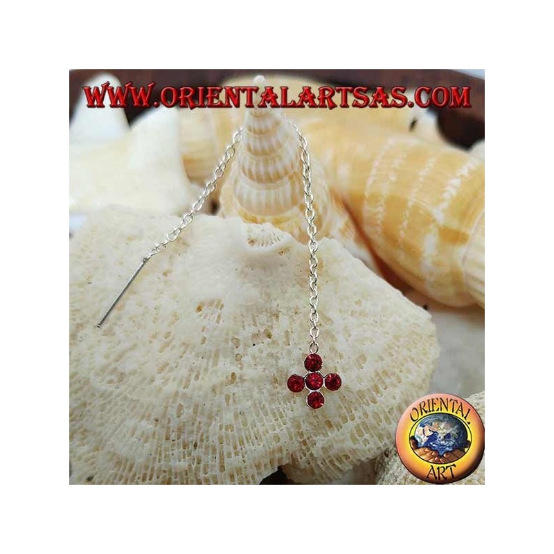 Orecchini in argento a catenina croce con zirconi rossi da 7 cm
