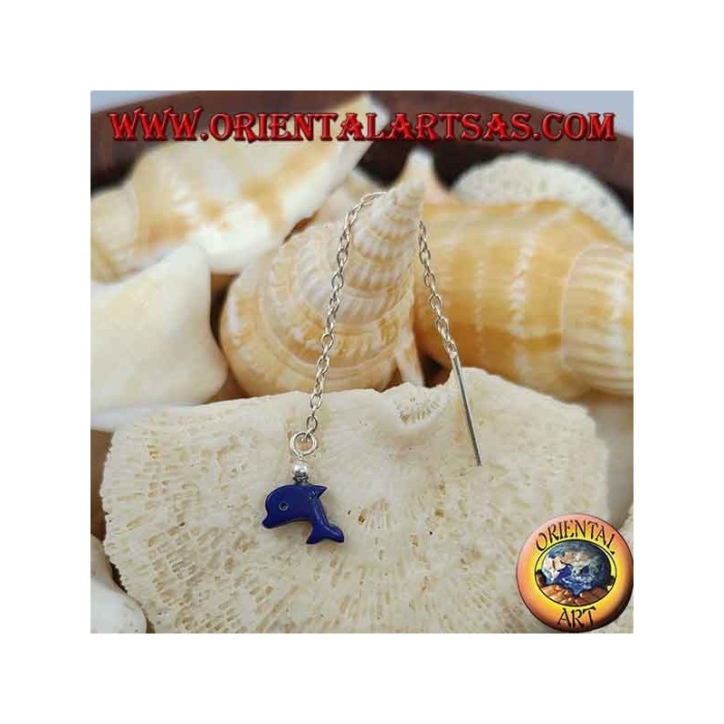 Orecchini in argento a catenina con delfino blu da 6 cm