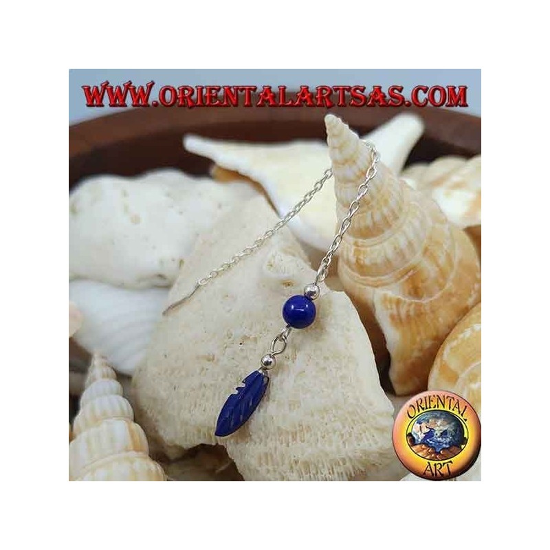 Silver chain earrings with feather and 7 cm lapis ball