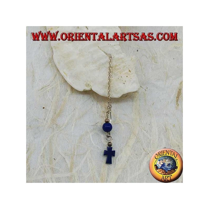 Silver chain earrings with cross and 8 cm lapis ball