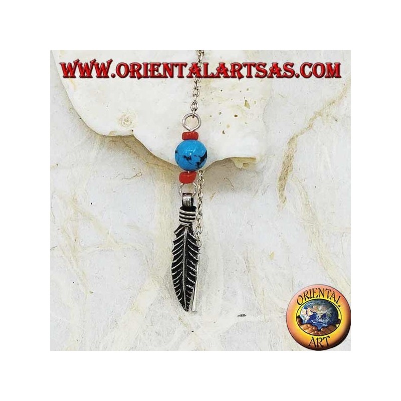 Boucles d'oreilles chaîne en argent avec boule turquoise et corail de 8 cm