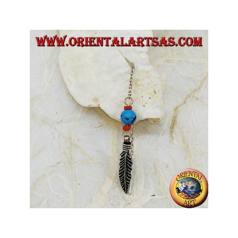 Pendientes de cadena de hoja de plata con bola de coral y turquesa de 8 cm.