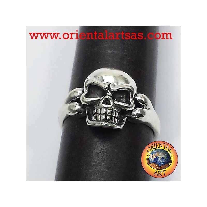 Skull ring with bone, 925 silver