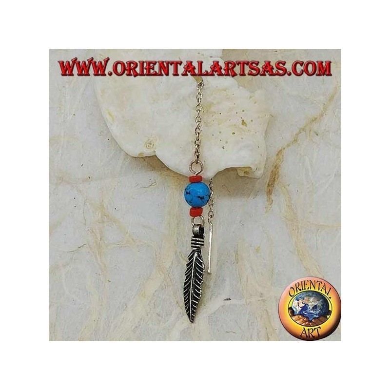 Orecchini in argento a catenina foglia con pallina turchese e corallo da 8 cm